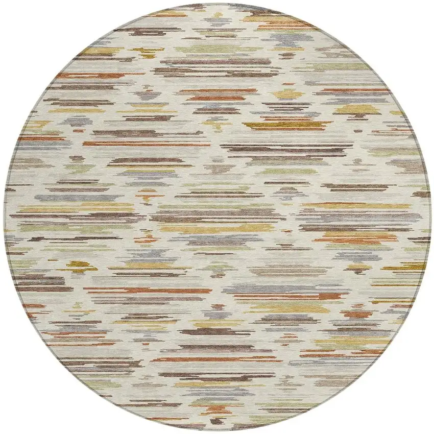 8' Ivory And Brown Round Southwestern Washable Indoor Outdoor Area Rug Photo 3