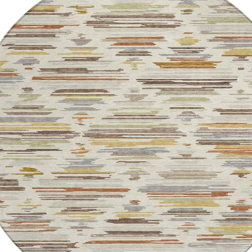 8' Ivory And Brown Round Southwestern Washable Indoor Outdoor Area Rug Photo 2