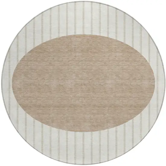 8' Ivory And Brown Round Striped Washable Indoor Outdoor Area Rug Photo 2