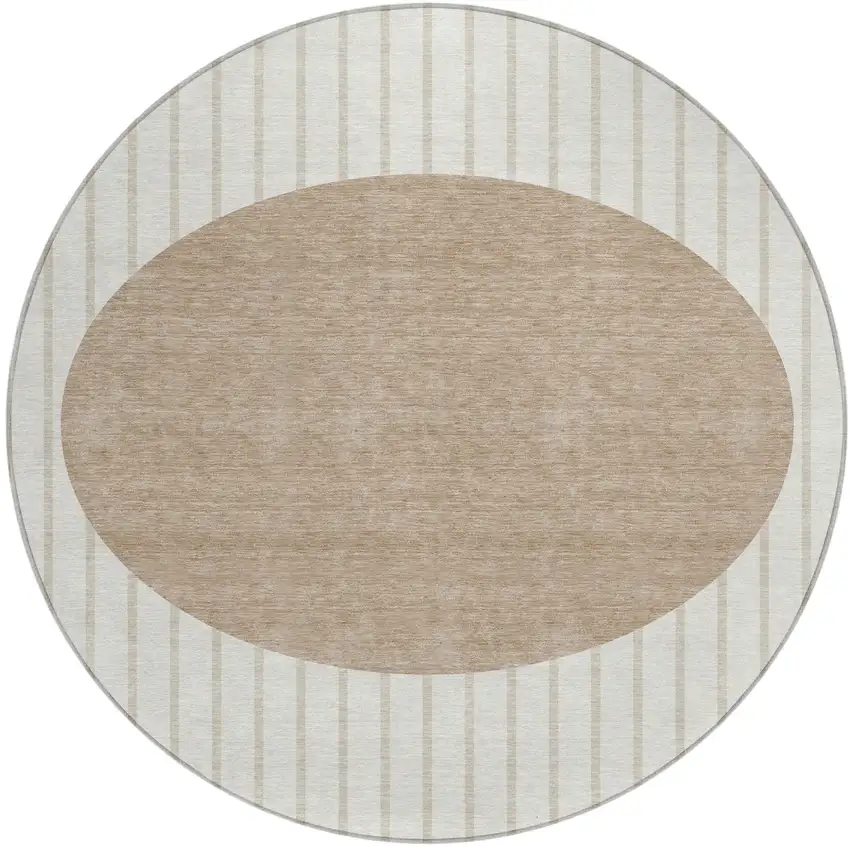 8' Ivory And Brown Round Striped Washable Indoor Outdoor Area Rug Photo 2