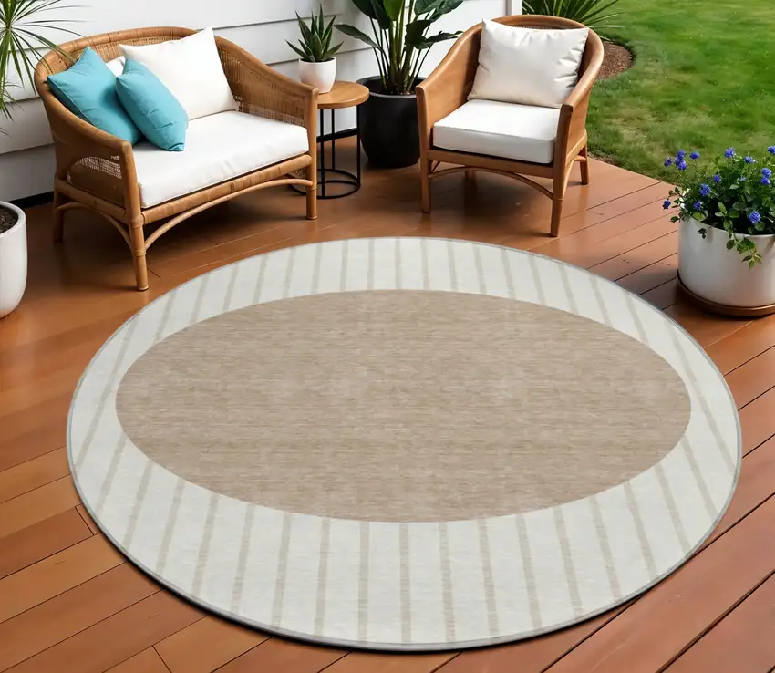8' Ivory And Brown Round Striped Washable Indoor Outdoor Area Rug Photo 9