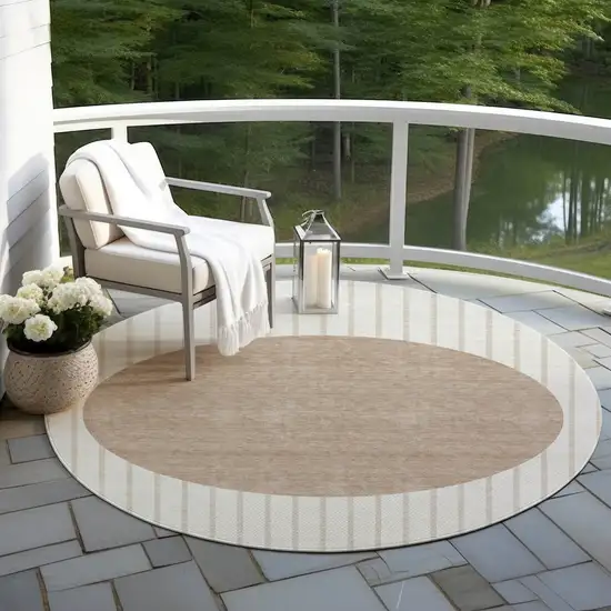 8' Ivory And Brown Round Striped Washable Indoor Outdoor Area Rug Photo 6