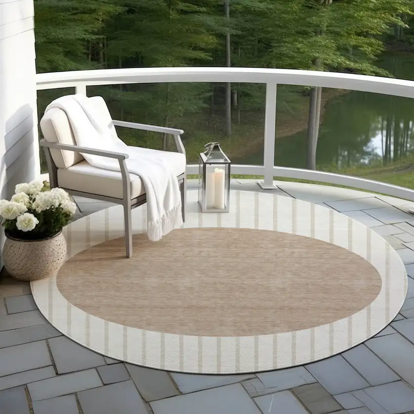 8' Ivory And Brown Round Striped Washable Indoor Outdoor Area Rug Photo 6