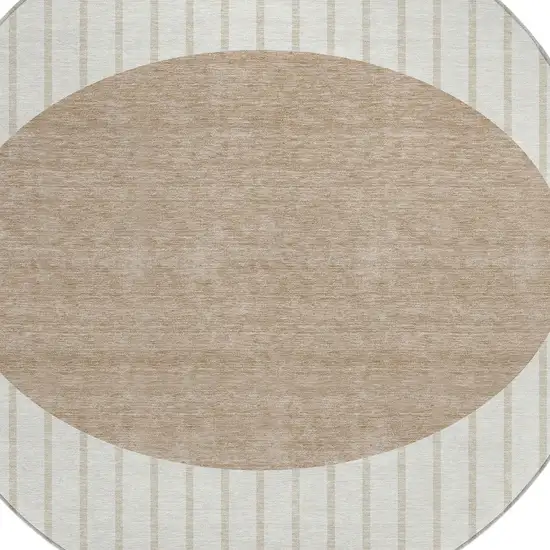 8' Ivory And Brown Round Striped Washable Indoor Outdoor Area Rug Photo 4
