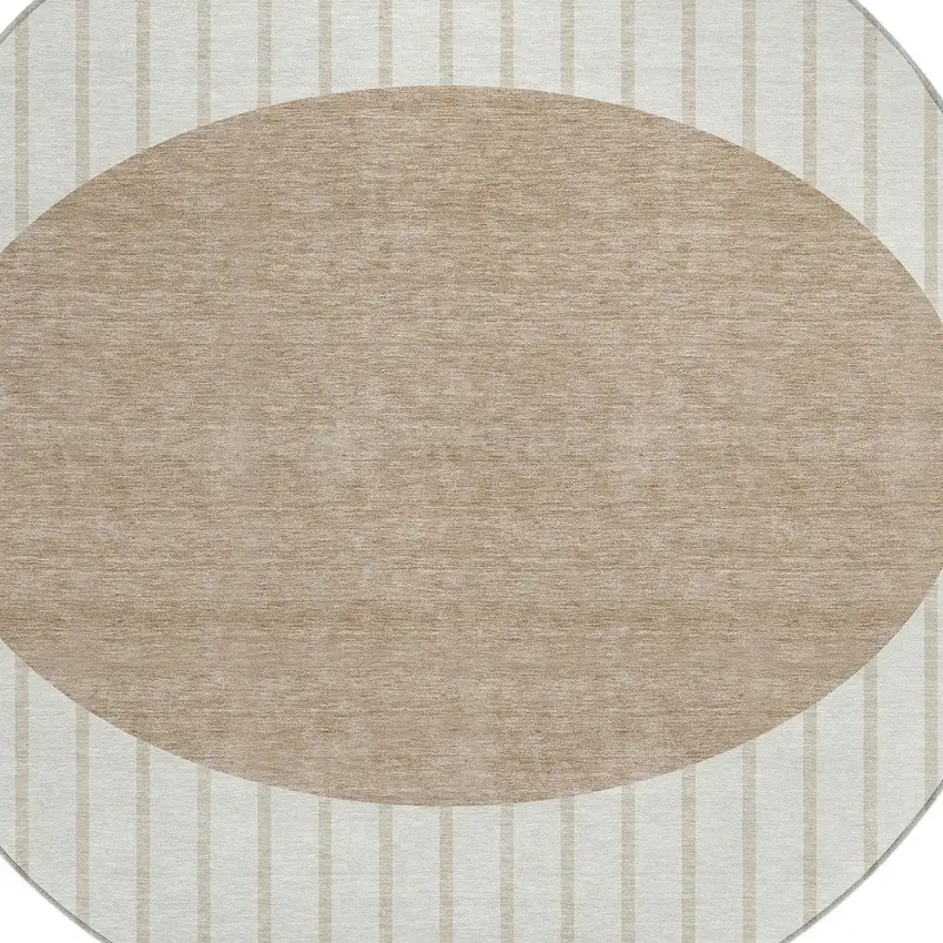8' Ivory And Brown Round Striped Washable Indoor Outdoor Area Rug Photo 4