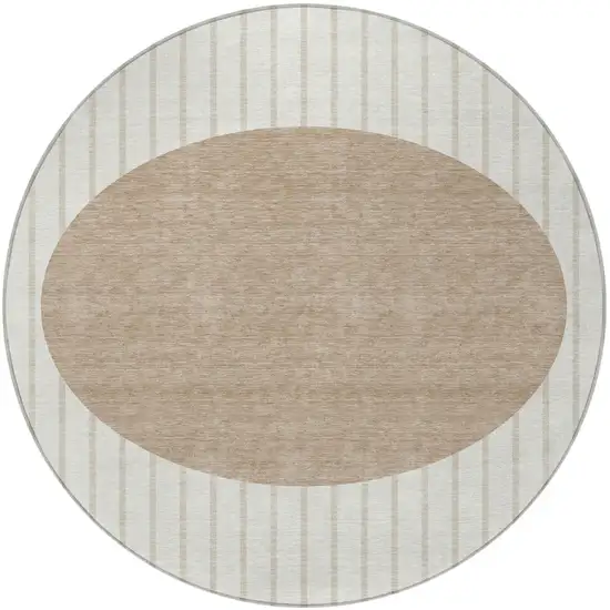 8' Ivory And Brown Round Striped Washable Indoor Outdoor Area Rug Photo 5