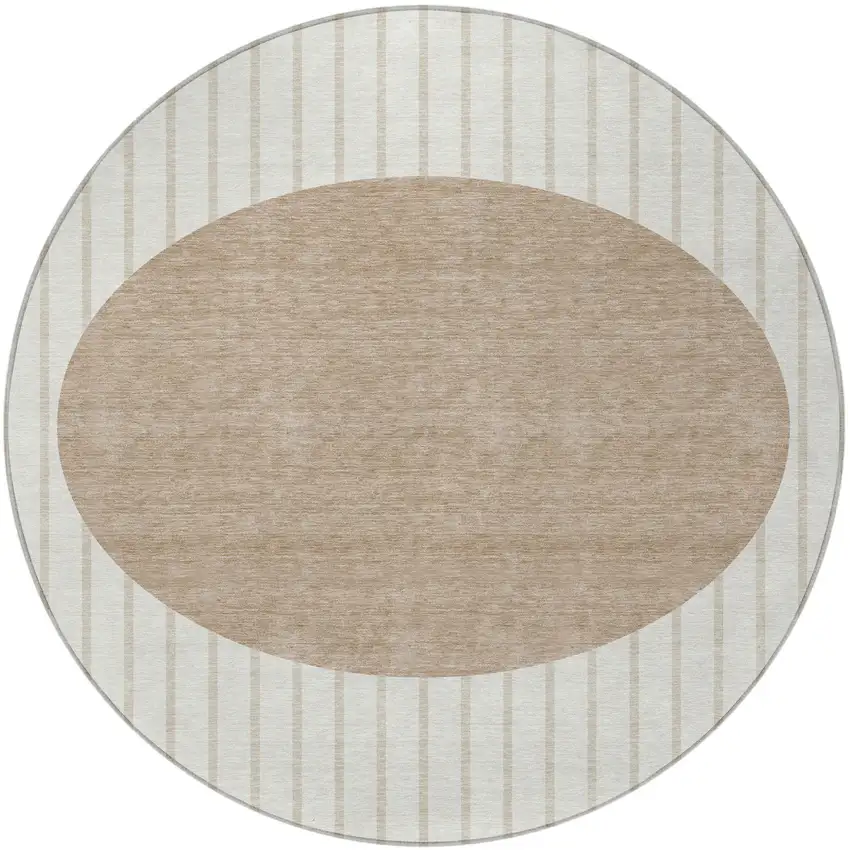 8' Ivory And Brown Round Striped Washable Indoor Outdoor Area Rug Photo 5