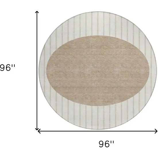 8' Ivory And Brown Round Striped Washable Indoor Outdoor Area Rug Photo 3