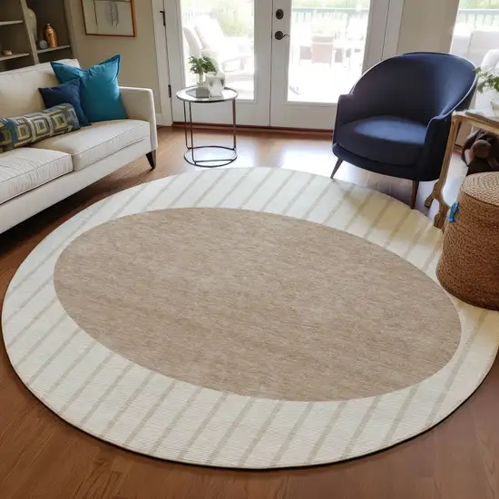 8' Ivory And Brown Round Striped Washable Indoor Outdoor Area Rug Photo 7