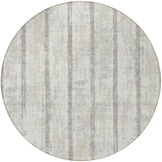 8' Ivory And Brown Round Striped Washable Indoor Outdoor Area Rug Photo 4