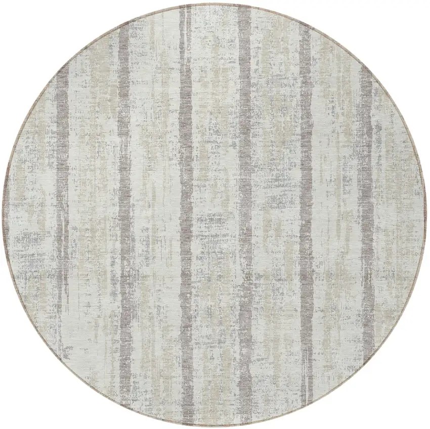 8' Ivory And Brown Round Striped Washable Indoor Outdoor Area Rug Photo 4