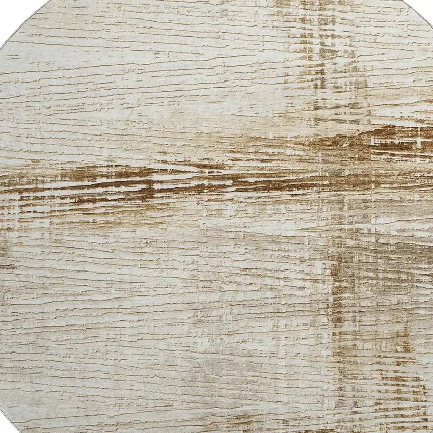 8' Ivory And Brown Striped Washable Round Rug With UV Protection Photo 3