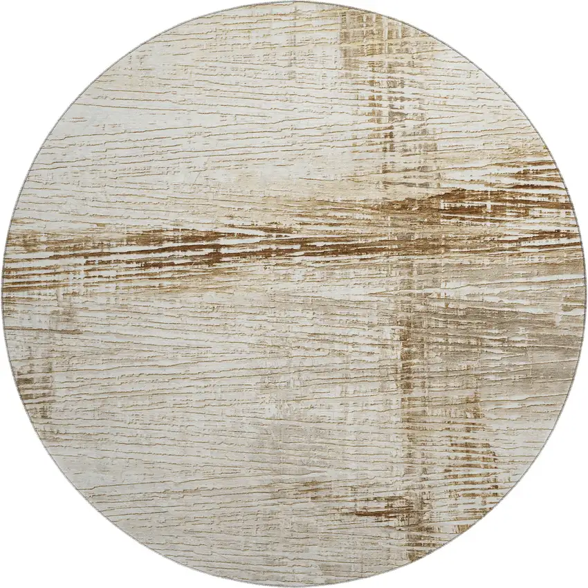 8' Ivory And Brown Striped Washable Round Rug With UV Protection Photo 1