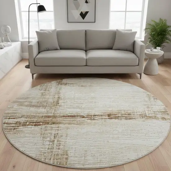 8' Ivory And Brown Striped Washable Round Rug With UV Protection Photo 2