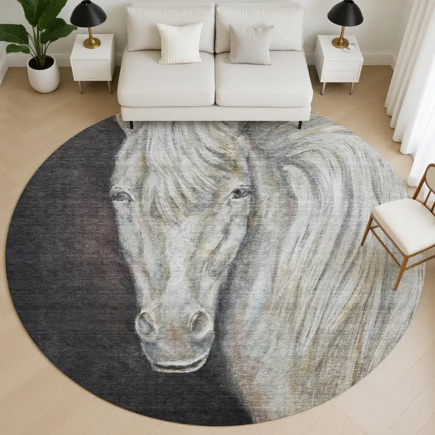 8' Ivory And Charcoal Animal Print Washable Round Rug With UV Protection Photo 5