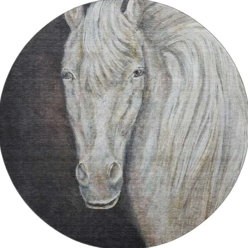 8' Ivory And Charcoal Animal Print Washable Round Rug With UV Protection Photo 4