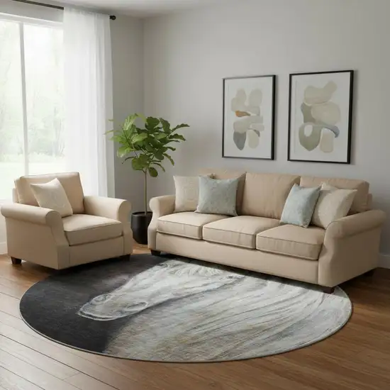 8' Ivory And Charcoal Animal Print Washable Round Rug With UV Protection Photo 2