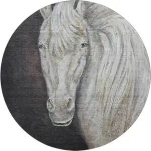 Photo of 8' Ivory And Charcoal Animal Print Washable Round Rug With UV Protection