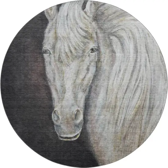 8' Ivory And Charcoal Animal Print Washable Round Rug With UV Protection Photo 1