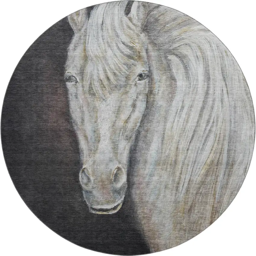 8' Ivory And Charcoal Animal Print Washable Round Rug With UV Protection Photo 1