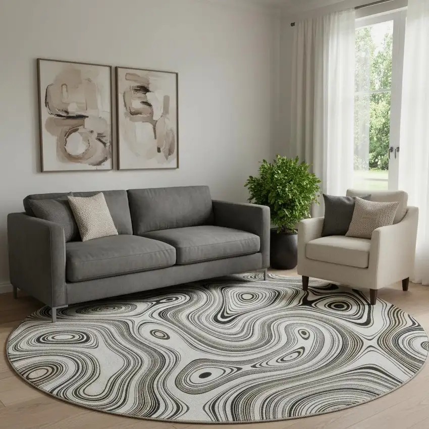 8' Ivory And Charcoal Geometric Washable Round Rug With UV Protection Photo 2