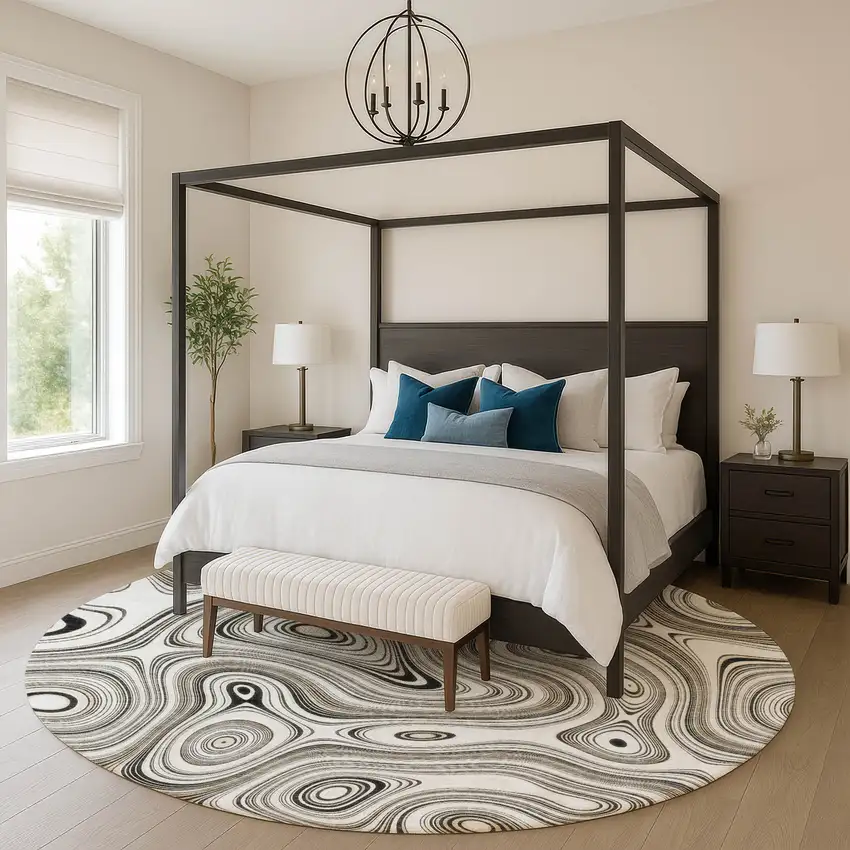 8' Ivory And Charcoal Geometric Washable Round Rug With UV Protection Photo 5