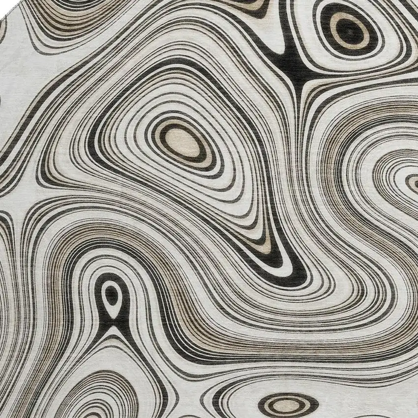 8' Ivory And Charcoal Geometric Washable Round Rug With UV Protection Photo 3