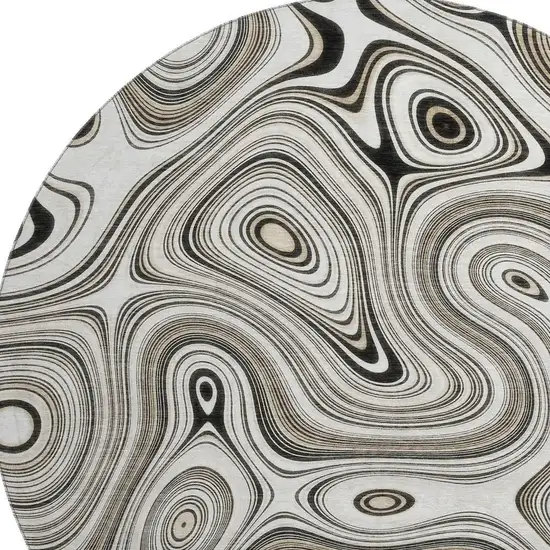 8' Ivory And Charcoal Geometric Washable Round Rug With UV Protection Photo 4