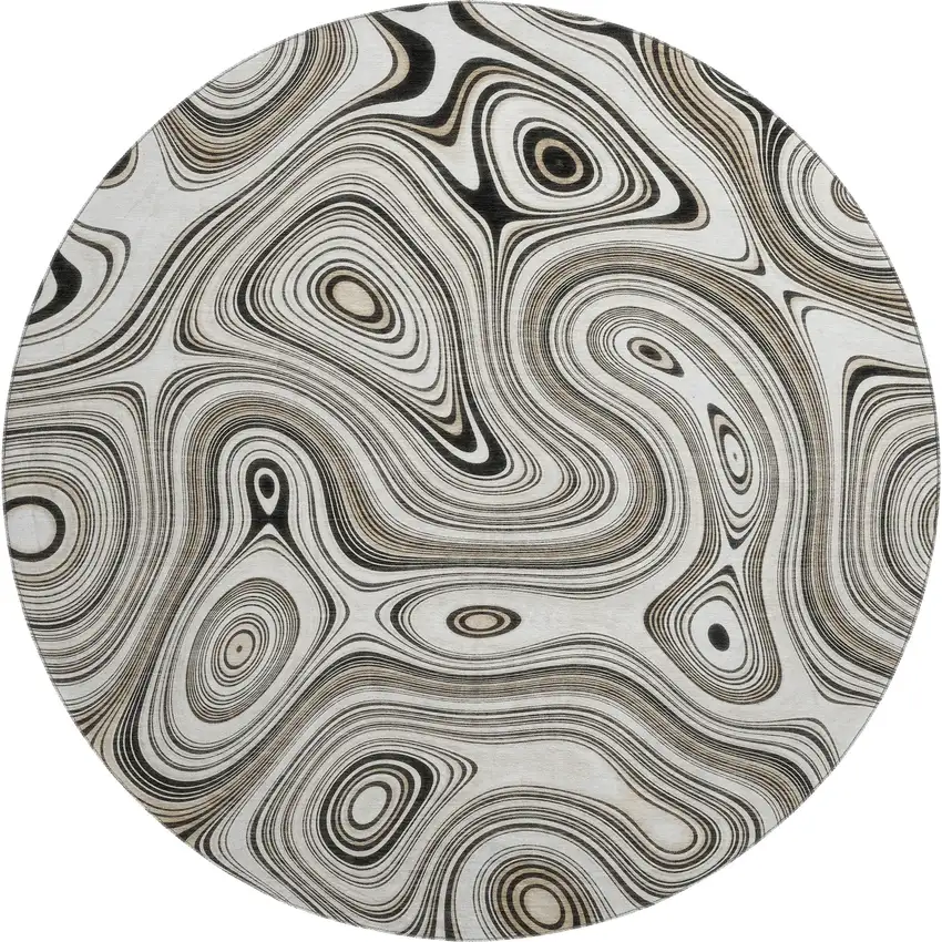 8' Ivory And Charcoal Geometric Washable Round Rug With UV Protection Photo 1