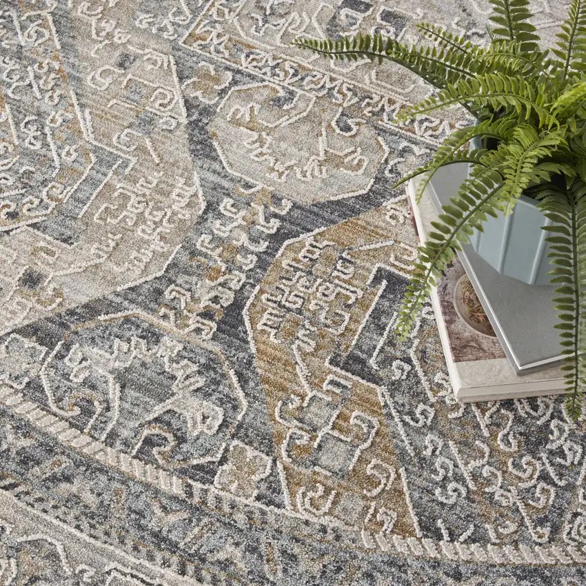 8' Ivory And Charcoal Medallion Distressed Round Rug With Fringe Photo 9