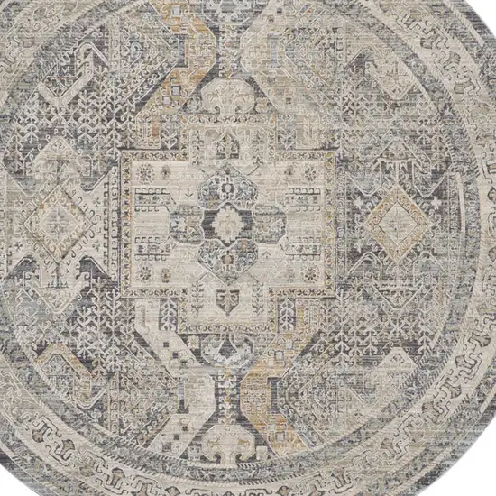 8' Ivory And Charcoal Medallion Distressed Round Rug With Fringe Photo 7