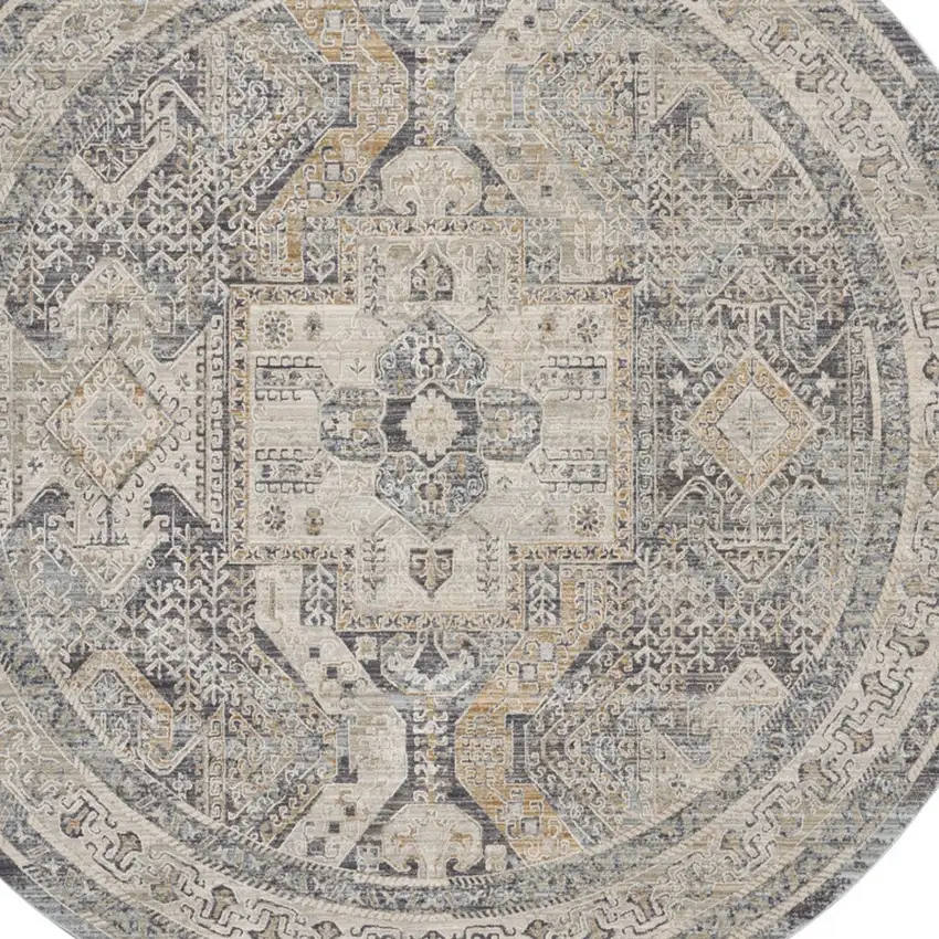 8' Ivory And Charcoal Medallion Distressed Round Rug With Fringe Photo 7