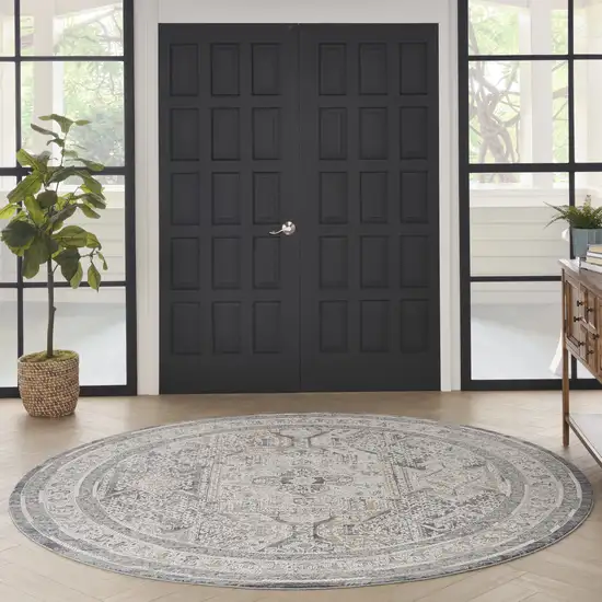 8' Ivory And Charcoal Medallion Distressed Round Rug With Fringe Photo 6