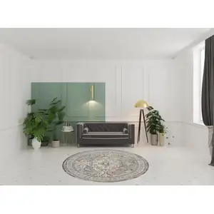 Photo of 8' Ivory And Charcoal Medallion Distressed Round Rug With Fringe