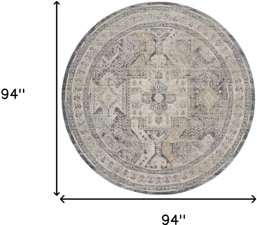 8' Ivory And Charcoal Medallion Distressed Round Rug With Fringe Photo 3