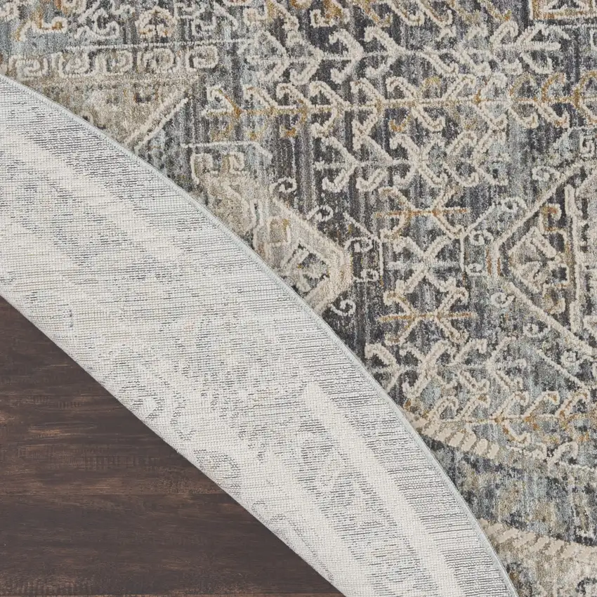 8' Ivory And Charcoal Medallion Distressed Round Rug With Fringe Photo 9