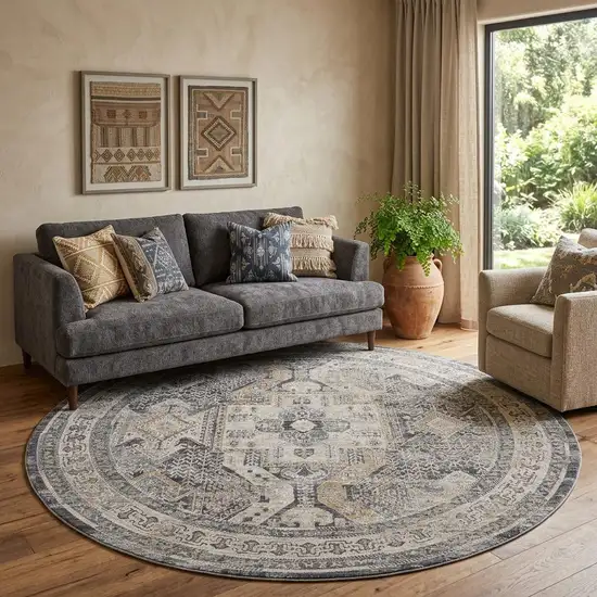 8' Ivory And Charcoal Medallion Distressed Round Rug With Fringe Photo 1