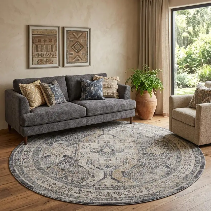 8' Ivory And Charcoal Medallion Distressed Round Rug With Fringe Photo 1