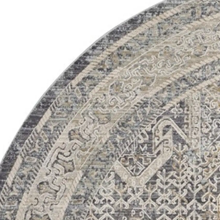 8' Ivory And Charcoal Medallion Distressed Round Rug With Fringe Photo 3