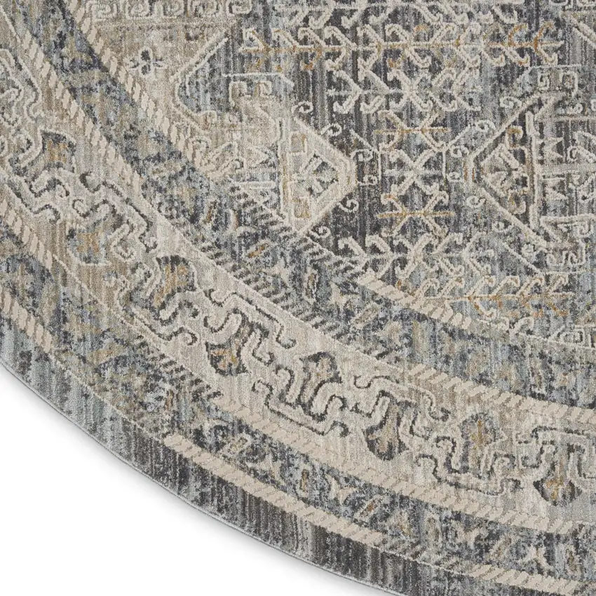 8' Ivory And Charcoal Medallion Distressed Round Rug With Fringe Photo 9