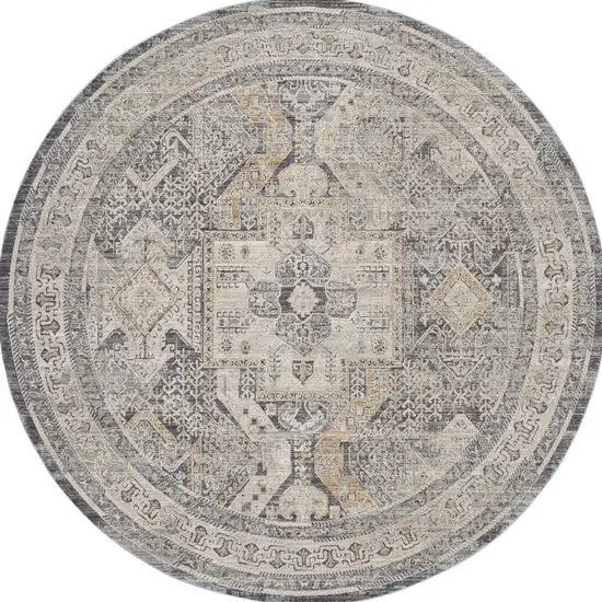 8' Ivory And Charcoal Medallion Distressed Round Rug With Fringe Photo 2