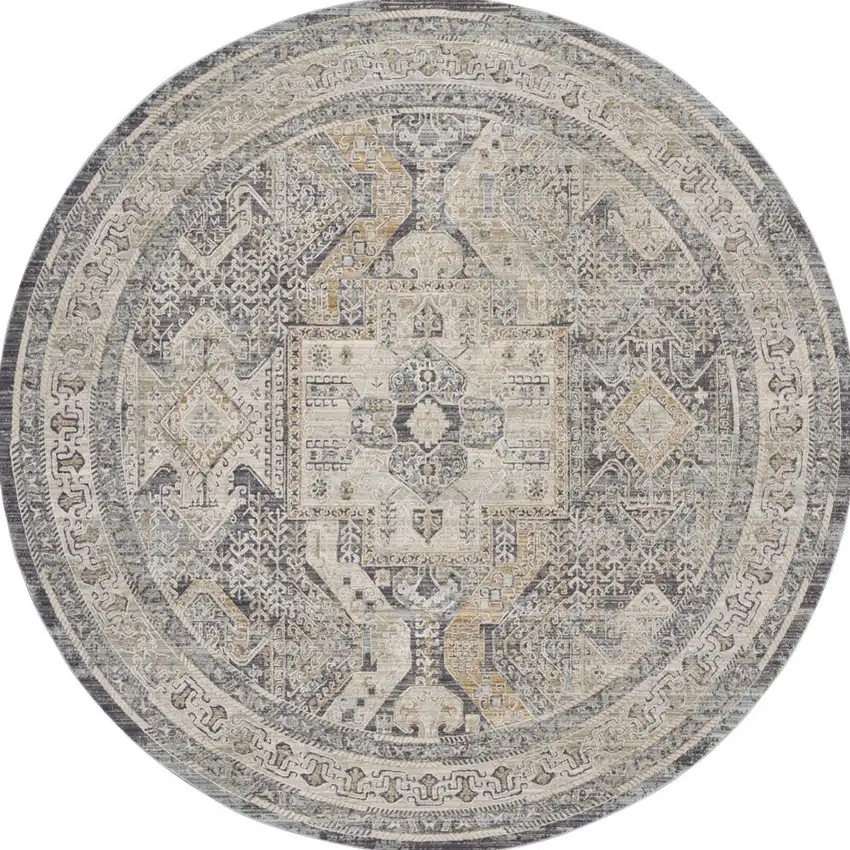 8' Ivory And Charcoal Medallion Distressed Round Rug With Fringe Photo 2