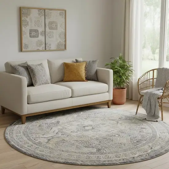 8' Ivory And Charcoal Medallion Distressed Round Rug With Fringe Photo 1