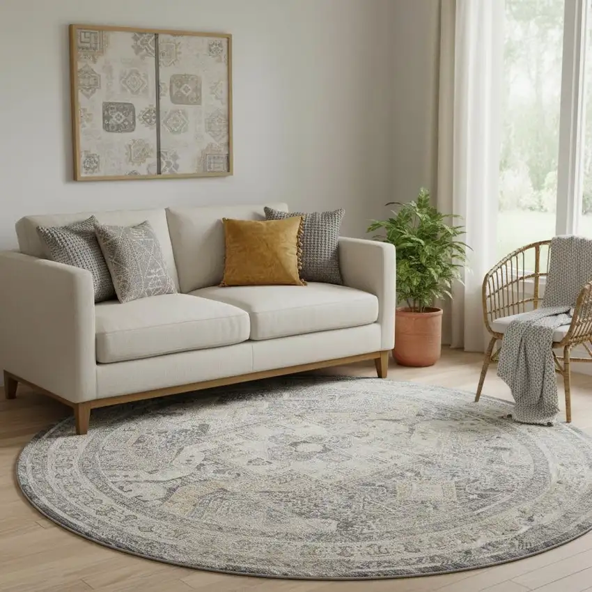 8' Ivory And Charcoal Medallion Distressed Round Rug With Fringe Photo 1