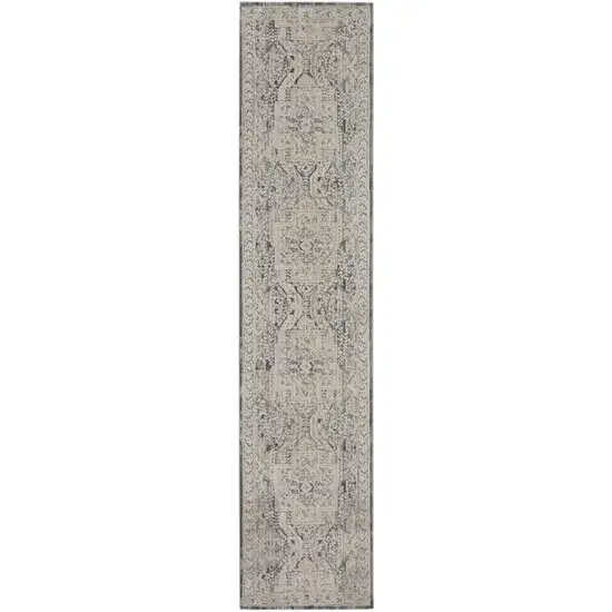 8' Ivory And Charcoal Medallion Distressed Runner Rug With Fringe Photo 2