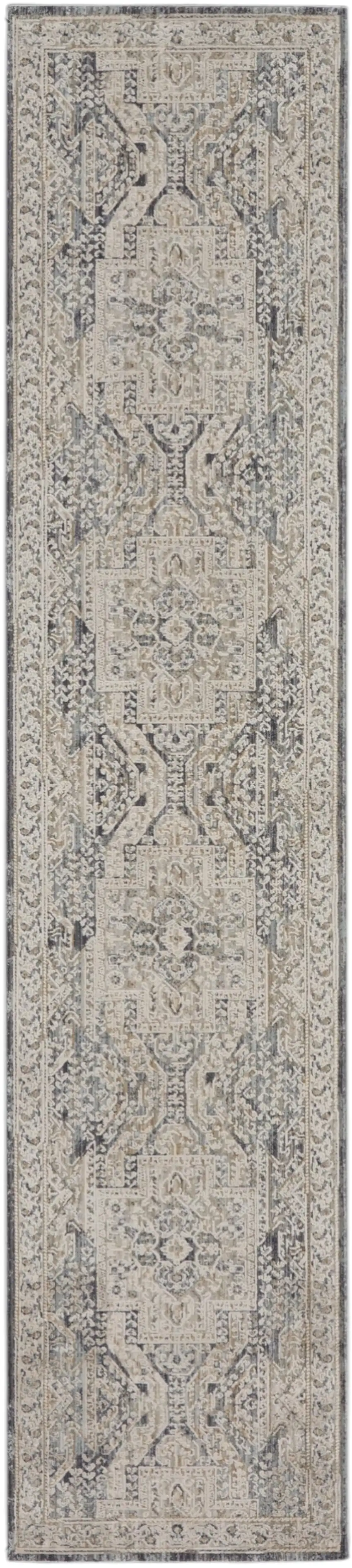 8' Ivory And Charcoal Medallion Distressed Runner Rug With Fringe Photo 2