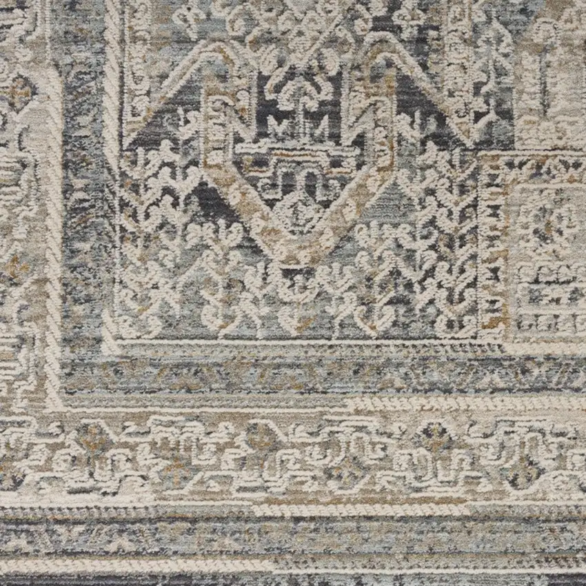 8' Ivory And Charcoal Medallion Distressed Runner Rug With Fringe Photo 6