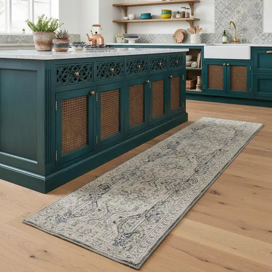 8' Ivory And Charcoal Medallion Distressed Runner Rug With Fringe Photo 1