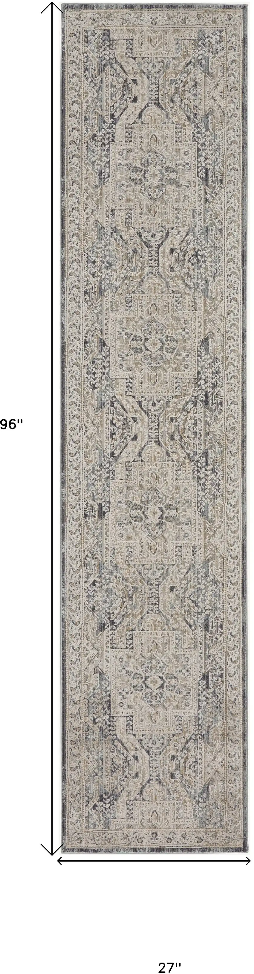 8' Ivory And Charcoal Medallion Distressed Runner Rug With Fringe Photo 3