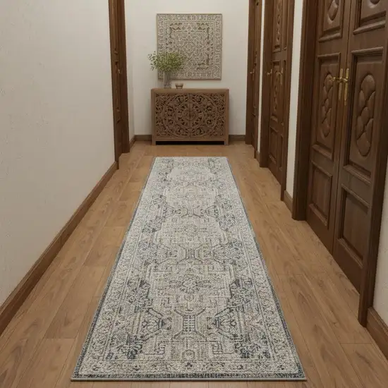 10' Ivory And Charcoal Medallion Distressed Runner Rug With Fringe Photo 1